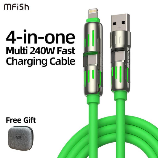 Mfish 4-In-1 Multi USB Charging Cable with USB A,Type C, Lightning -MAX 240W Fast Charging & Data Sync for Iphone 16/15, Ipad Pro, Samsung & Laptops